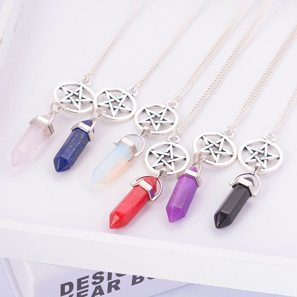 natural crystal hexagonal pillars five pointed pendant necklace men women creative jewelry new european american popular selling gifts, Silver 
natural crystal hexagonal pillars five pointed pendant necklace men women creative jewelry new european american popular selling gifts, Silver