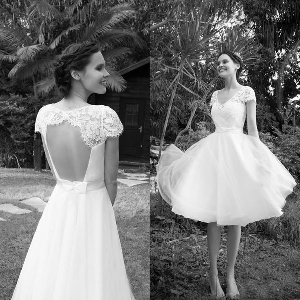 spring country knee length wedding dresses short beach v neck sheer lace capped sleeves open back bridal gowns with sash bow, White
spring country knee length wedding dresses short beach v neck sheer lace capped sleeves open back bridal gowns with sash bow, White