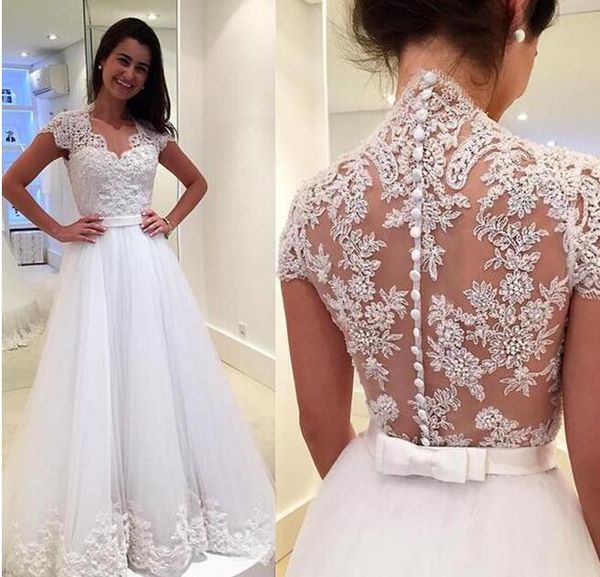 2017 vestido de noiva branco cap sleeve wedding dresses a-line tulle appliques lace illusion back bridal gowns modest ivory, White
2017 vestido de noiva branco cap sleeve wedding dresses a-line tulle appliques lace illusion back bridal gowns modest ivory, White