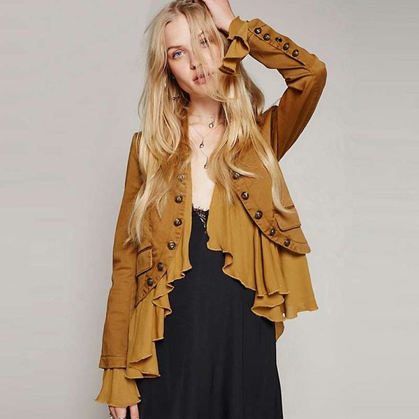 wholesale- jacket women ruffles jacket 2017 female spring autumn long sleeve buttons hippie chic jacket bohemian people fashion clothing, Black;brown
wholesale- jacket women ruffles jacket 2017 female spring autumn long sleeve buttons hippie chic jacket bohemian people fashion clothing, Black;brown