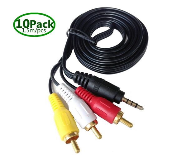 10-pack gold plated 4-pin 3.5mm stereo male to 3 rca male splitter extension cable for audio video aux port - 1.5m
10-pack gold plated 4-pin 3.5mm stereo male to 3 rca male splitter extension cable for audio video aux port - 1.5m