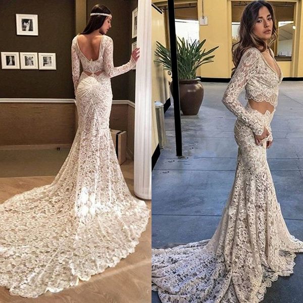 2017 gorgeous lace long sleeves two piece mermaid wedding dresses pearls v neck open back chapel train bridal gowns custom en7145, White
2017 gorgeous lace long sleeves two piece mermaid wedding dresses pearls v neck open back chapel train bridal gowns custom en7145, White