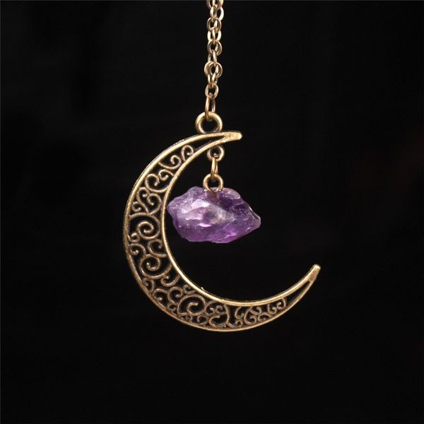 

Crescent Half Moon Pendant Necklace Natural Stone Prehnite Amethyst Crystal Healing Reiki Gemstone Antique Bronze Necklace Goddess Jewelry