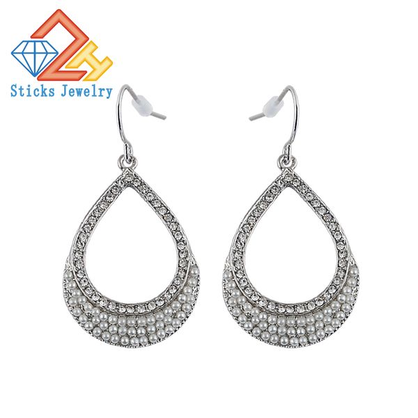 pearl charm rhinestone earrings zinc alloy ladies earrings sticks jewelry drop-shaped white drop earring, Silver 
pearl charm rhinestone earrings zinc alloy ladies earrings sticks jewelry drop-shaped white drop earring, Silver