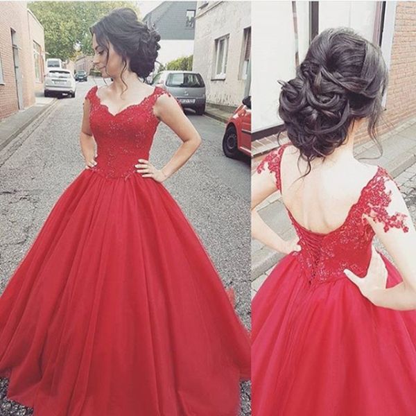 charming red long prom dresses appliques beading v-neck lace-up ball gown floor length stock tulle quinceanera party dresses, Black
charming red long prom dresses appliques beading v-neck lace-up ball gown floor length stock tulle quinceanera party dresses, Black