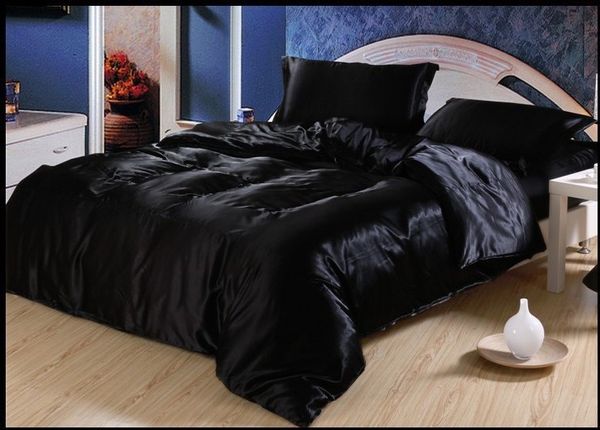 

wholesale- luxury black natural mulberry silk bedding set king size  full twin duvet cover bed in a bag sheet solid color satin 4pcs