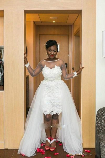 new design plus size wedding dresses with detachable skirt long sleeve lace bridal gowns high low sheer style vestido de noiva custom w865, White
new design plus size wedding dresses with detachable skirt long sleeve lace bridal gowns high low sheer style vestido de noiva custom w865, White