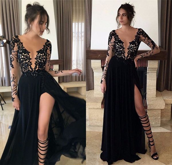 long sleeve sheer tulle black lace evening dresses 2017 split chiffon prom dress party gowns, Black;red
long sleeve sheer tulle black lace evening dresses 2017 split chiffon prom dress party gowns, Black;red