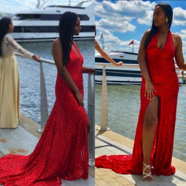 red sequined halter prom dresses backless front split sweep train evening gowns south african women formal wear, Black
red sequined halter prom dresses backless front split sweep train evening gowns south african women formal wear, Black