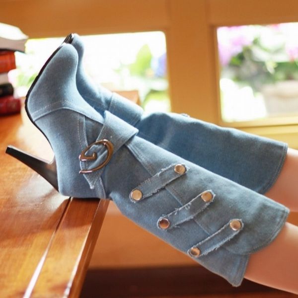 2017 women spring autumn knee high boots spiked high heels buckle strap metal round toe less platform blue denim boot size 34-41, Black
2017 women spring autumn knee high boots spiked high heels buckle strap metal round toe less platform blue denim boot size 34-41, Black