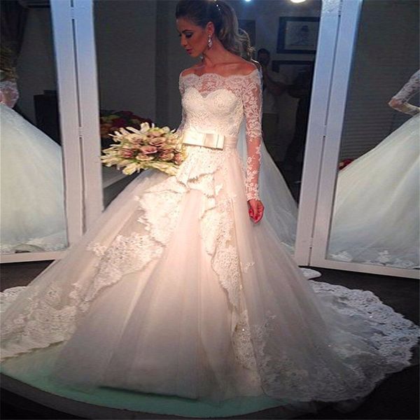 long sleeve lace wedding dress bateau collar sashes appliqued custom off the shoulder bridal gowns ball gown illusion back, White
long sleeve lace wedding dress bateau collar sashes appliqued custom off the shoulder bridal gowns ball gown illusion back, White