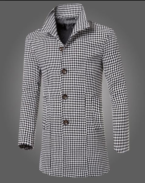 

wholesale- fashion new winter men's clothing brand long section collar houndstooth woolen coat men casual slim fit jacket trench, Tan;black