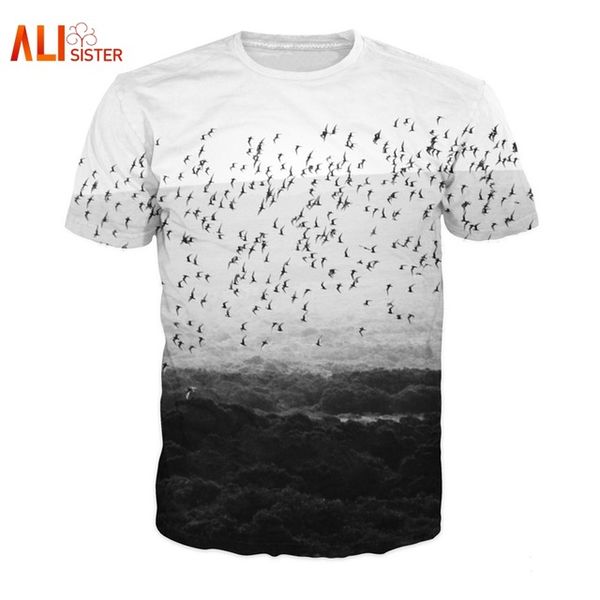 

wholesale- alisister 3d birds t-shirt flying birds vibrant t shirt men women causal basic brand clothing harajuku animal tees plus size, White;black