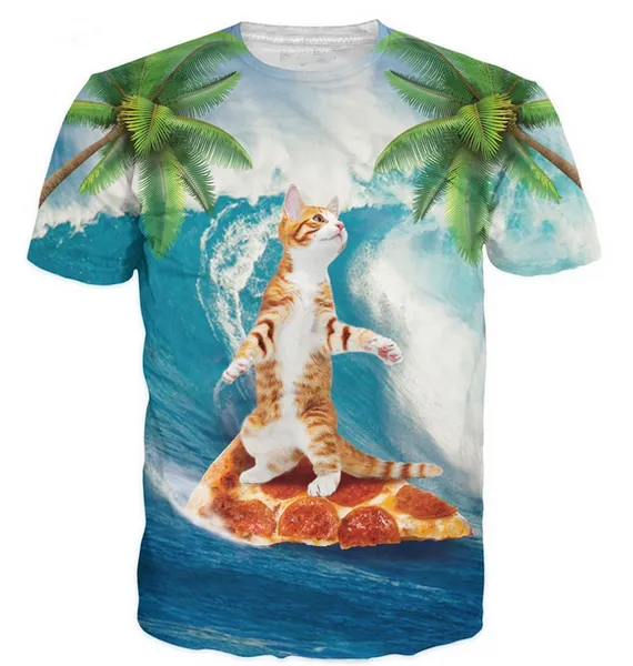 

оптовая новые моды мужские / женские веселый кот серфинг на пицца летний стиль тройники 3d печати повседневная футболка топы плюс размер, White;black