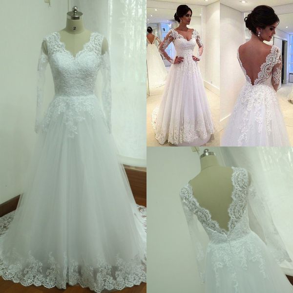 lace long sleeve a-line wedding dresses v neck appliques deep v back wedding gowns vintage bride dresses vestido de novias, White
lace long sleeve a-line wedding dresses v neck appliques deep v back wedding gowns vintage bride dresses vestido de novias, White