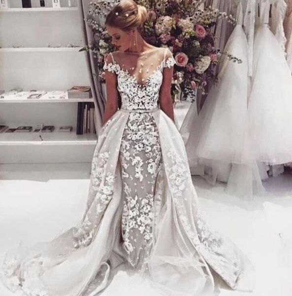 2018 lace appliques wedding dresses bridal gowns with overskirt sheer bateau short sleeves vestidos de novia custom made court train, White
2018 lace appliques wedding dresses bridal gowns with overskirt sheer bateau short sleeves vestidos de novia custom made court train, White