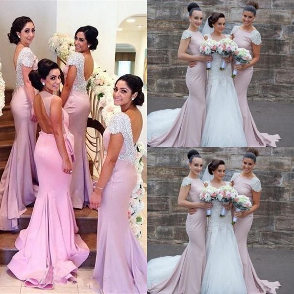pink beaded bridesmaid dresses 2017 cap sleeve backless mermaid maid of honor gowns sweep train wedding guest formal party dress, White;pink
pink beaded bridesmaid dresses 2017 cap sleeve backless mermaid maid of honor gowns sweep train wedding guest formal party dress, White;pink