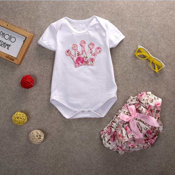 

2017 New Baby Princess Clothing Sets Baby Girls White Short Sleeve Crown Rompers+floral Printed Shorts 2pcs Set Infant Outfits Toddler Suit, As picture