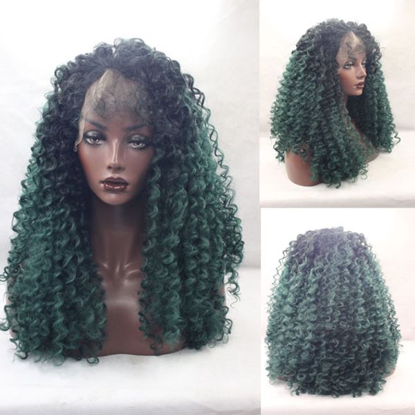 

Жаростойкие афро кудрявый вьющиеся синтетические волосы кружева фронт парик свободная часть детские волосы ломбер черный / зеленый 150% 24 дюймов для женщины
