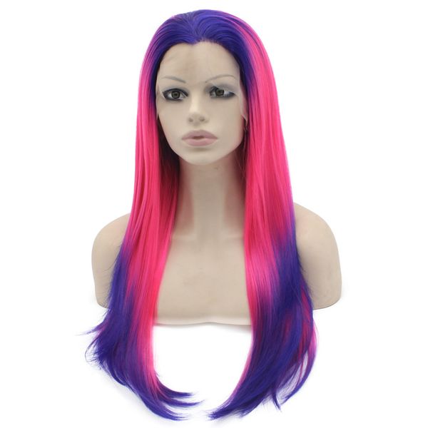 24" long ombre violet purple pink silky straight half hand tied heat resistant synthetic fiber lace front fashion cosplay wig s02, Black
24" long ombre violet purple pink silky straight half hand tied heat resistant synthetic fiber lace front fashion cosplay wig s02, Black
