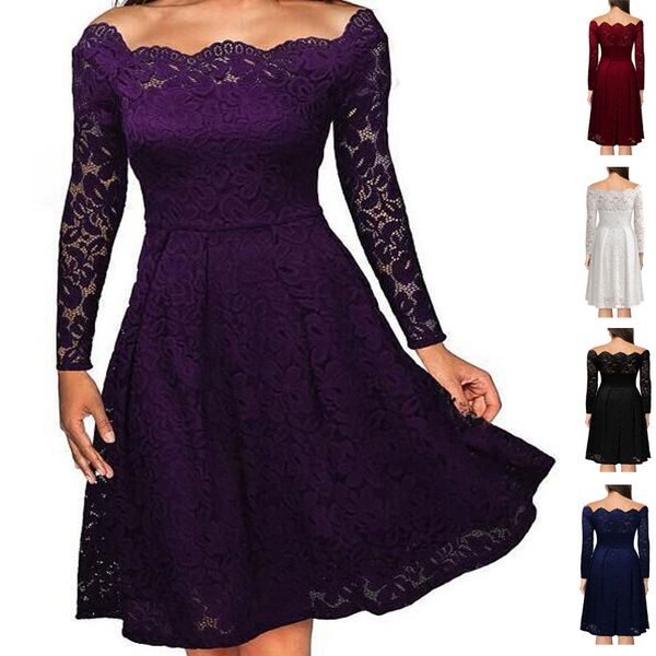 S-XXXL Short Tunic Slash Neck Off the Shoulder A-Line Ball Gown Long Sleeve Swing Dress Party Club Evening Cocktail Lace Dresses Clubwear