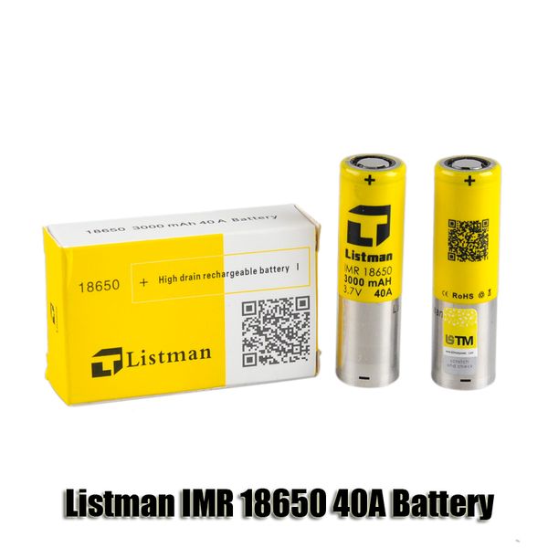 100% оригинальный Listman IMR 18650 3000mAh 40A 3.7 V High Drain аккумуляторная батарея для 510 thread Box Mod
100% оригинальный Listman IMR 18650 3000mAh 40A 3.7 V High Drain аккумуляторная батарея для 510 thread Box Mod