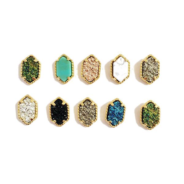 fashion stud earring gold plated hexagon copper stud druzy stone earrings for women charms earrings 10 colors, Golden;silver 
fashion stud earring gold plated hexagon copper stud druzy stone earrings for women charms earrings 10 colors, Golden;silver