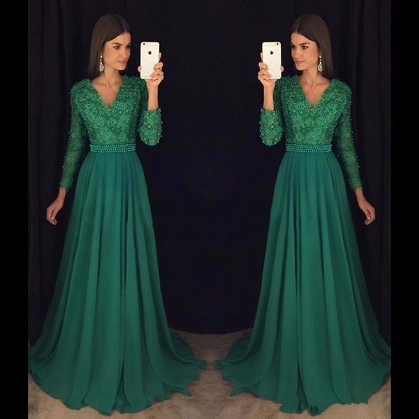 2k17 spring chiffon emerald green long sleeves a line prom dresses deep v neck beaded pearls formal evening gowns custom made, Black
2k17 spring chiffon emerald green long sleeves a line prom dresses deep v neck beaded pearls formal evening gowns custom made, Black
