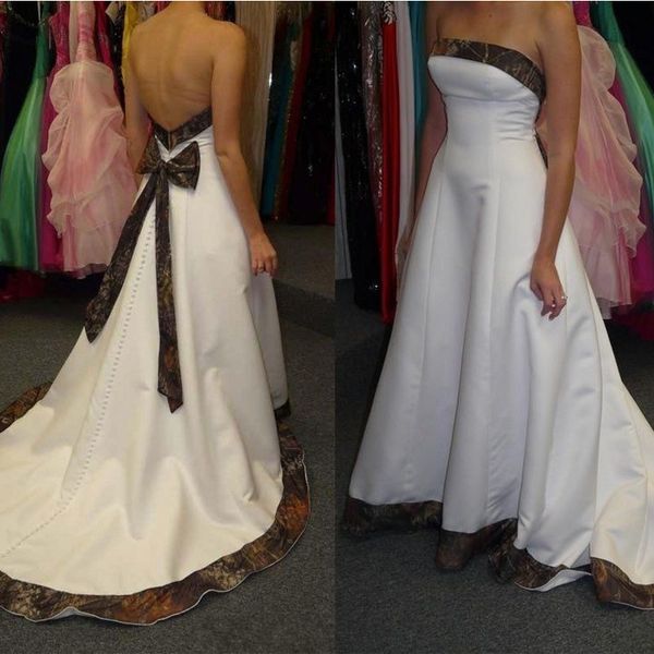 2019 strapless a line camo wedding dresses sweep train country style bridal gowns bow sash back covered buttons custom made, White
2019 strapless a line camo wedding dresses sweep train country style bridal gowns bow sash back covered buttons custom made, White