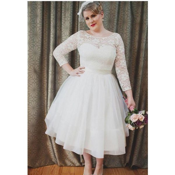 short wedding dresses plus size long sleeve a line lace bridal gowns sash bow tea length garden tulle open back fashion, White
short wedding dresses plus size long sleeve a line lace bridal gowns sash bow tea length garden tulle open back fashion, White