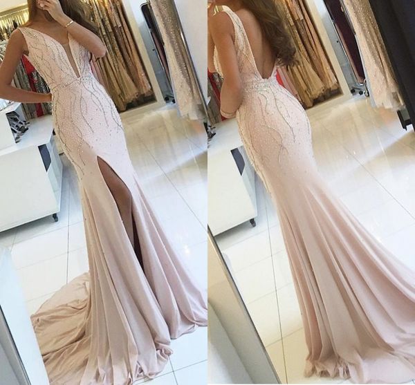 mermaid evening dresses long light pink 2017 deep v neck backless split formal evening gowns with beaded crystal prom dresses, Black;red
mermaid evening dresses long light pink 2017 deep v neck backless split formal evening gowns with beaded crystal prom dresses, Black;red
