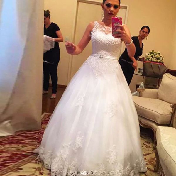 a line wedding dress new sash princess beads crystal custom made transparent lace bridal gowns appliques handmade vestido de noiva, White
a line wedding dress new sash princess beads crystal custom made transparent lace bridal gowns appliques handmade vestido de noiva, White