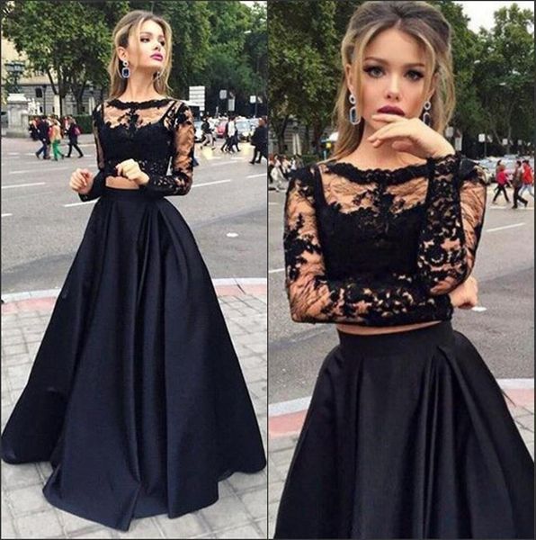 Hot Sale Black Cheap Two Pieces Prom Dresses Sheer Long Sleeves Lace Top Satin A line Floor Length Evening Party Dresses
Hot Sale Black Cheap Two Pieces Prom Dresses Sheer Long Sleeves Lace Top Satin A line Floor Length Evening Party Dresses