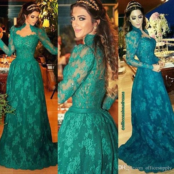 emerald green high neck long sleeves evening dresses 2017 vestidos de noiva lace prom dresses sweep train imported party gowns, Black;red
emerald green high neck long sleeves evening dresses 2017 vestidos de noiva lace prom dresses sweep train imported party gowns, Black;red