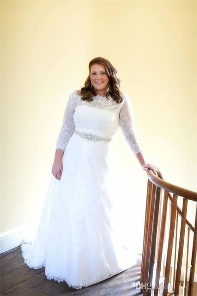 full lace plus size wedding dresses long sleeve bateau neck diamonds beads belt a line new bridal gowns custom size, White 
full lace plus size wedding dresses long sleeve bateau neck diamonds beads belt a line new bridal gowns custom size, White