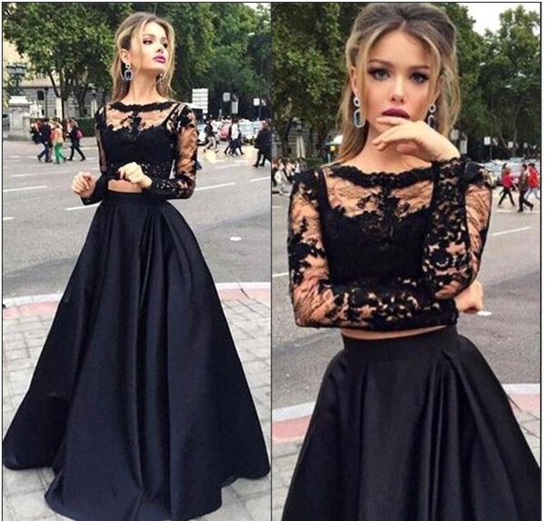 2017 new black two pieces evening dresses sheer neck illusion long sleeves lace satin a line floor length prom dresses custom
2017 new black two pieces evening dresses sheer neck illusion long sleeves lace satin a line floor length prom dresses custom