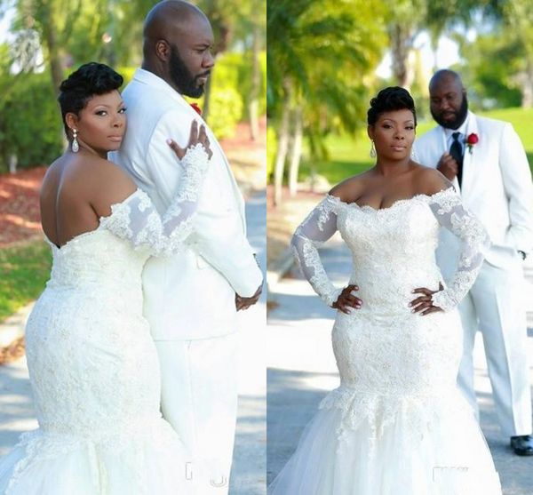2018 african mermaid wedding dresses off shoulder illusion long sleeves lace appliques beaded tulle backless plus size bridal gowns, White
2018 african mermaid wedding dresses off shoulder illusion long sleeves lace appliques beaded tulle backless plus size bridal gowns, White