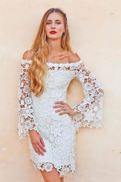 2017 new vintage lace off shoulder bell sleeves wedding dress crochet boho hippie inspired 70s style short reception wedding dresses, White
2017 new vintage lace off shoulder bell sleeves wedding dress crochet boho hippie inspired 70s style short reception wedding dresses, White