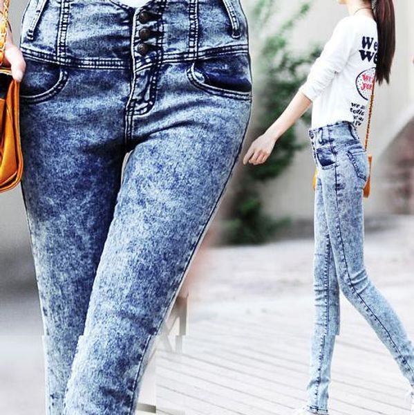 wholesale- new plus size high waist jeans female snowflake elastic thin breasted pants feet pencil pants, Blue
wholesale- new plus size high waist jeans female snowflake elastic thin breasted pants feet pencil pants, Blue