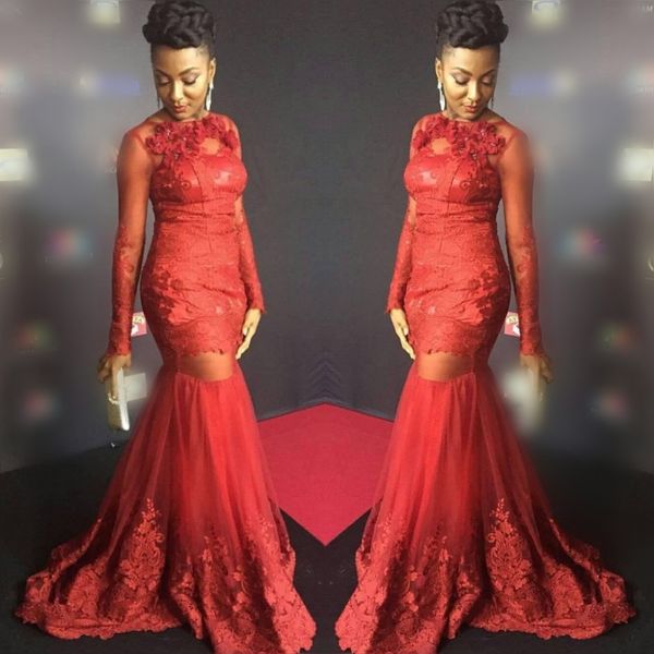 south african red mermaid prom dresses 2018 sheer long sleeves lace appliques see through evening gowns tulle sweep train formal party dress, Black
south african red mermaid prom dresses 2018 sheer long sleeves lace appliques see through evening gowns tulle sweep train formal party dress, Black