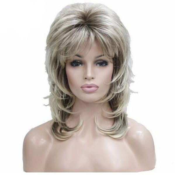 16 inch lady women blonde with dark root medium length cascaded layers synthetic hair full wig, Black
16 inch lady women blonde with dark root medium length cascaded layers synthetic hair full wig, Black