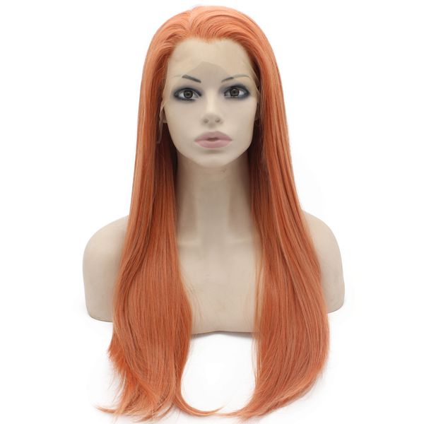 24" long rose gold blonde silky straight half hand tied heat resistant synthetic fiber lace front fashion wig s02, Black
24" long rose gold blonde silky straight half hand tied heat resistant synthetic fiber lace front fashion wig s02, Black