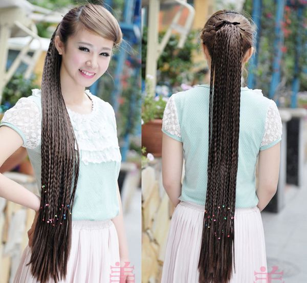 

wholesale-1pcs 88cm braid straight synthetic long clip in ribbon ponytail pony tail hair pieces for women's ladies girls ing, Black