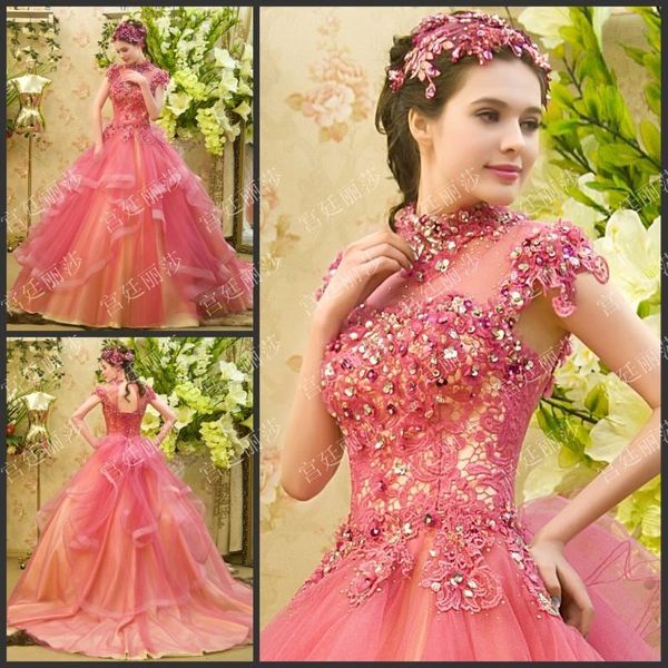 new style luxury crystals short sleeve sheer rose royal wedding dresses high neck sweep train formal ruffle tiered bridal dresses princess, White
new style luxury crystals short sleeve sheer rose royal wedding dresses high neck sweep train formal ruffle tiered bridal dresses princess, White
