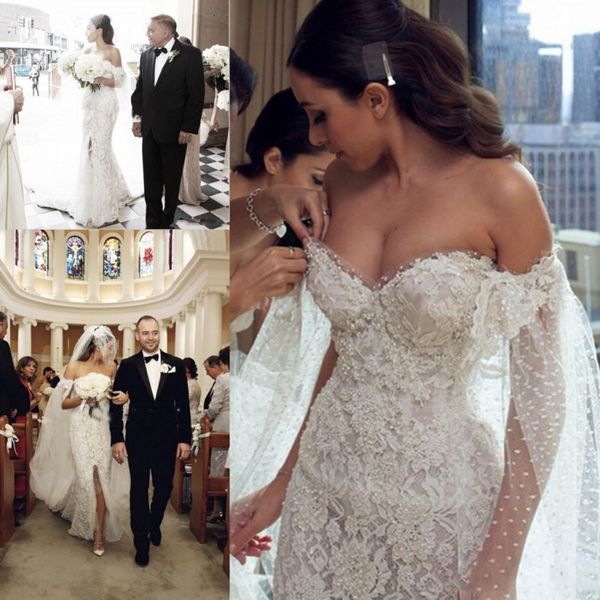 amazing pearls beaded lace wedding dresses off shoulder front split mermaid bridal gowns custom made backless wedding vestidos, White
amazing pearls beaded lace wedding dresses off shoulder front split mermaid bridal gowns custom made backless wedding vestidos, White