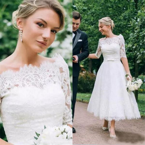 half sleeves illusion bateau bow sash country garden bridal gowns custom made elegant lace tea length wedding dresses, White
half sleeves illusion bateau bow sash country garden bridal gowns custom made elegant lace tea length wedding dresses, White