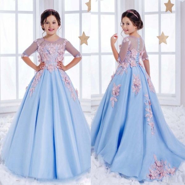 светло-голубое прекрасное длинное вечернее платье для девочек с прозрачным вырезом с круглым вырезом из бисера кристаллы назад тюль принцесс, White;red