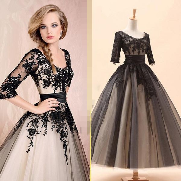2019 champagne black lace applique hort evening dre 3 4 leeve tea length bridal gown black formal gown prom dre e
2019 champagne black lace applique hort evening dre 3 4 leeve tea length bridal gown black formal gown prom dre e
