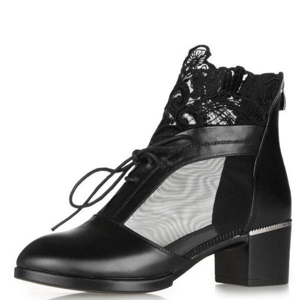 lace up thick mid heel genuine leather lace gauze cut out summer lady sandals ankle boots lady grenadine plus size 35-43, Black
lace up thick mid heel genuine leather lace gauze cut out summer lady sandals ankle boots lady grenadine plus size 35-43, Black