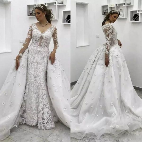 gorgeous lace mermaid wedding dresses with puffy overskirts lace appliques long sleeves bridal gowns custom made flora beads vestidos, White
gorgeous lace mermaid wedding dresses with puffy overskirts lace appliques long sleeves bridal gowns custom made flora beads vestidos, White